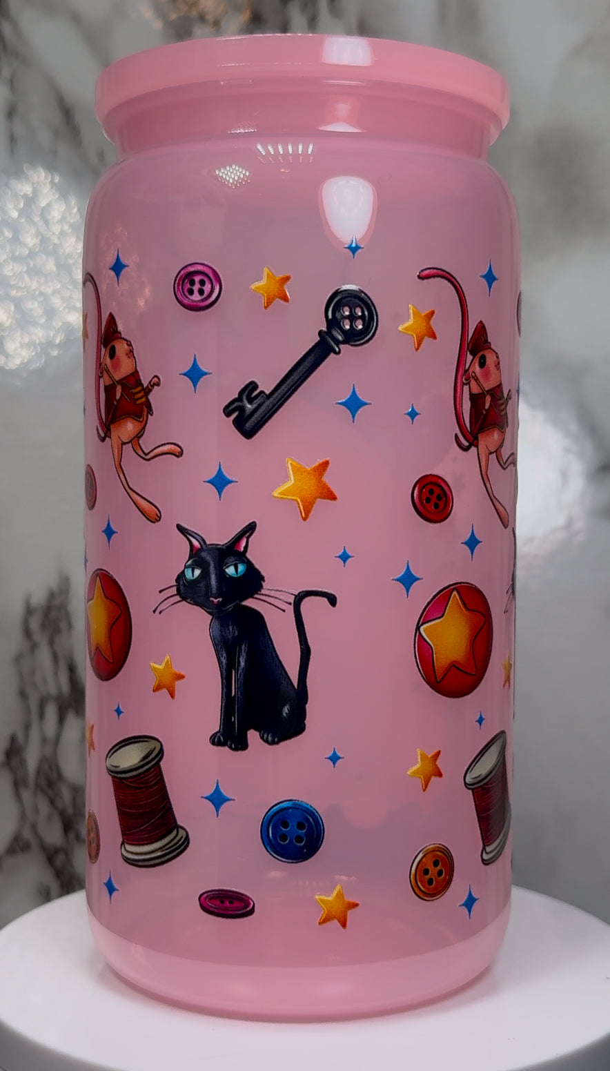 Coraline Circus UVDTF on a PLASTIC pink beer can cup