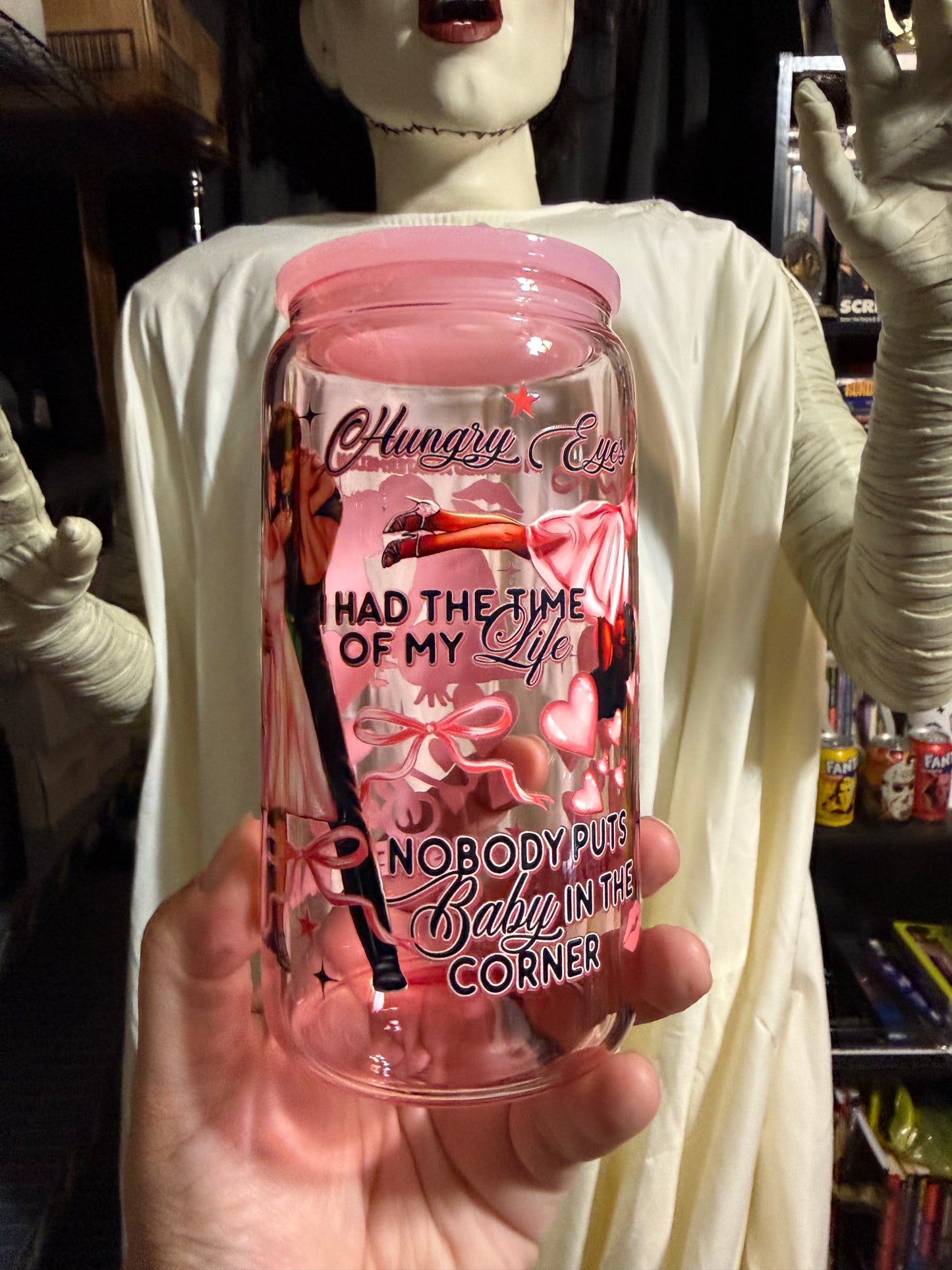 Dirty Dancing UVDTF on a light pink beer can glass