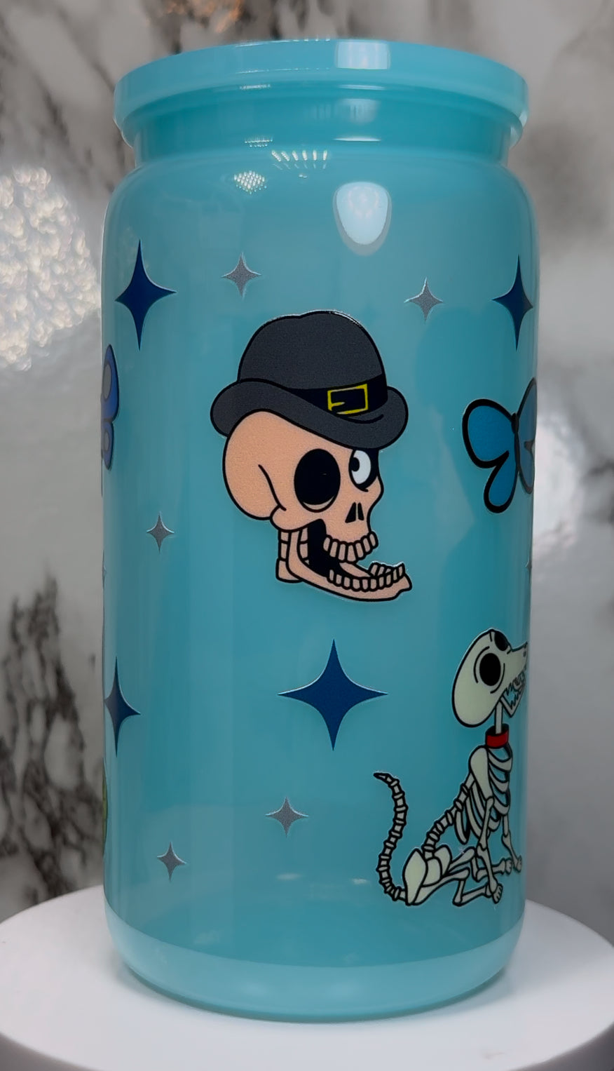 Corpse Bride UVDTF on a PLASTIC blue beer can cup