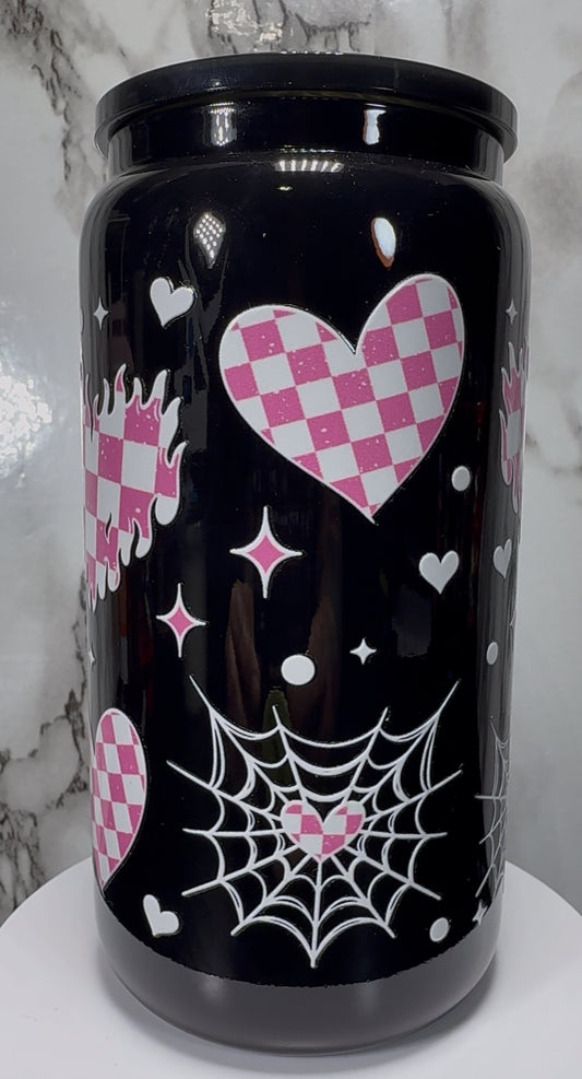 White & Pink Checkered Hearts UVDTF on a black beer can glass