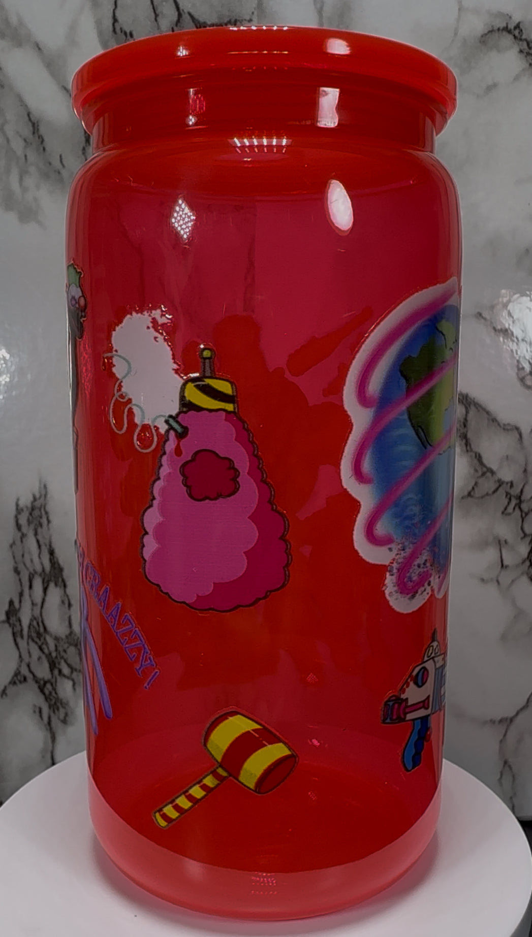 Klownzilla Killer Klowns From Outer Space UVDTF on a bright red PLASTIC beer can cup