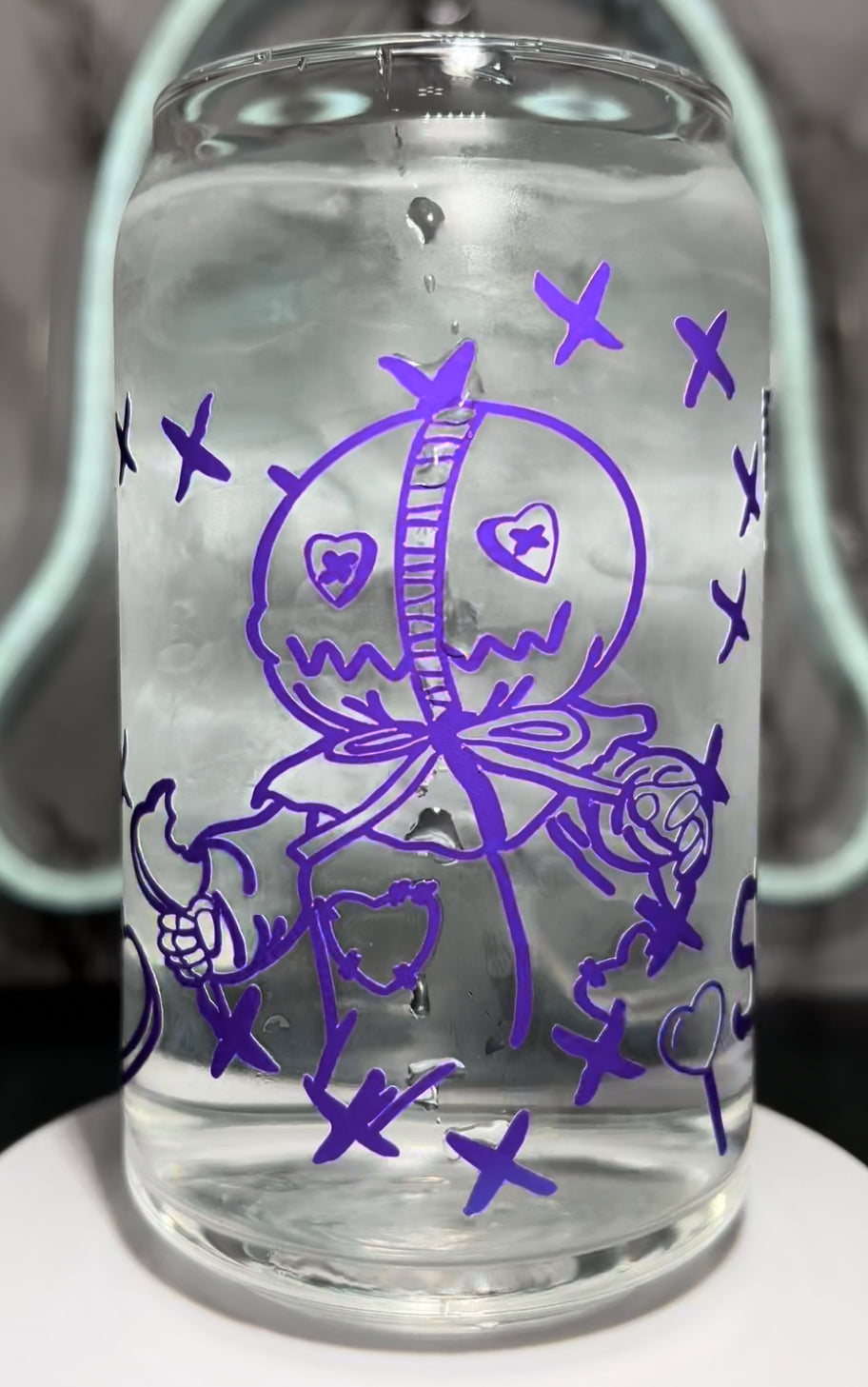 Valentine’s Day Sam Trick R Treat color changing permanent vinyl on a libbey beer can glass