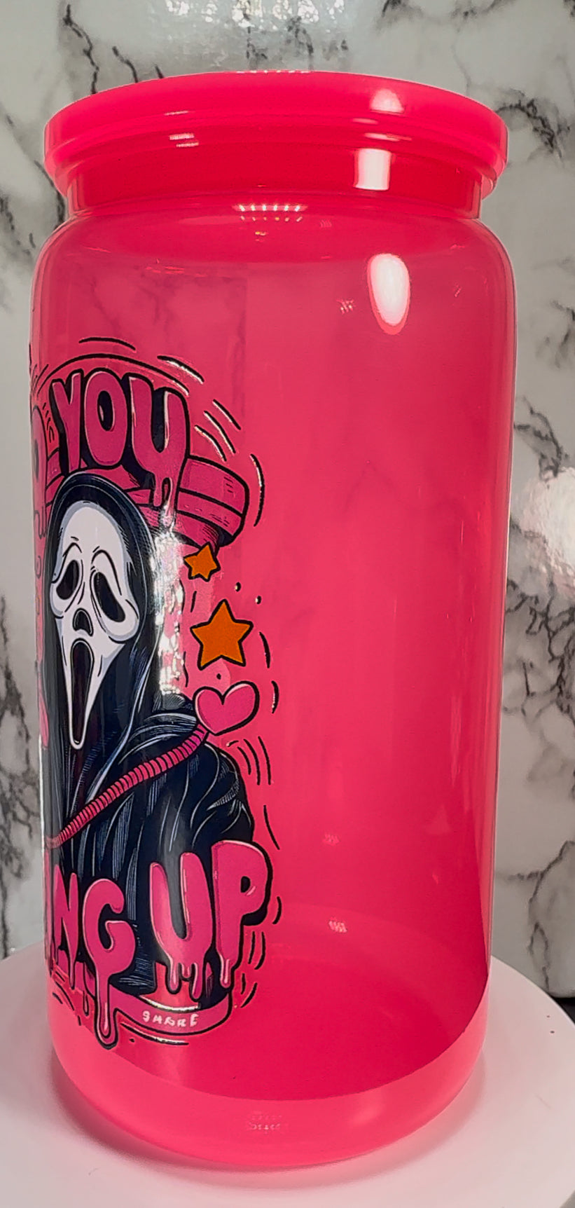 Ghostface No You Hang Up UVDTF on a hot pink plastic beer can cup