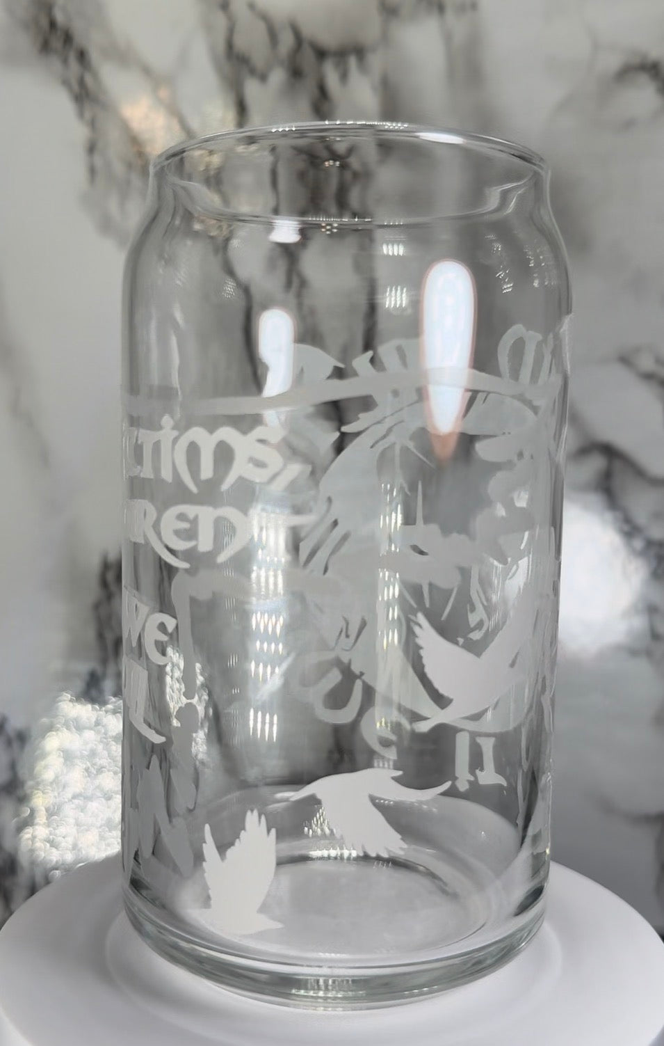 The Crow-It can’t rain all the time-Victims aren’t we all color changing permanent vinyl on a libbey beer can glass