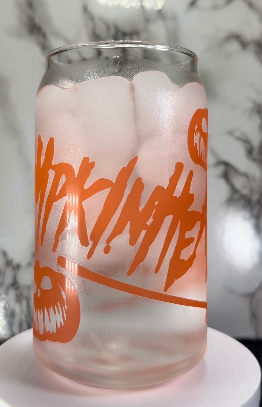 Pumpkinhead color changing orange permanent vinyl on a libbey beer can glass