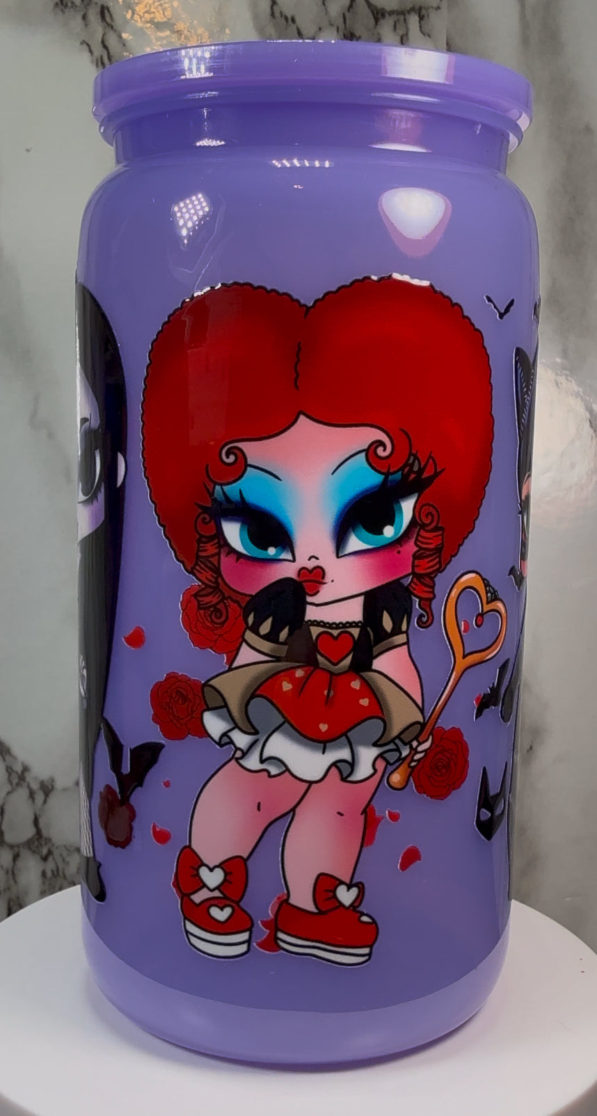 Horror Girls UVDTF on a PLASTIC purple beer can cup