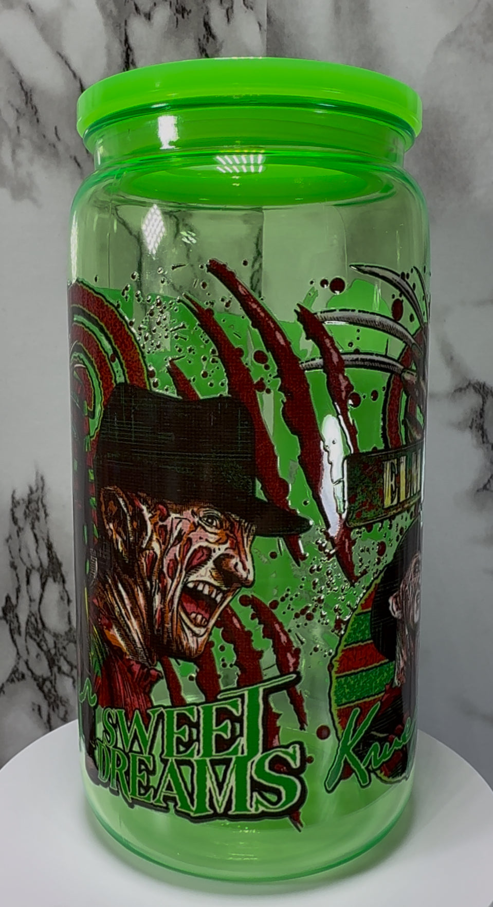 Nightmare on Elm Street Freddy Krueger UVDTF on a bright green PLASTIC beer can cup