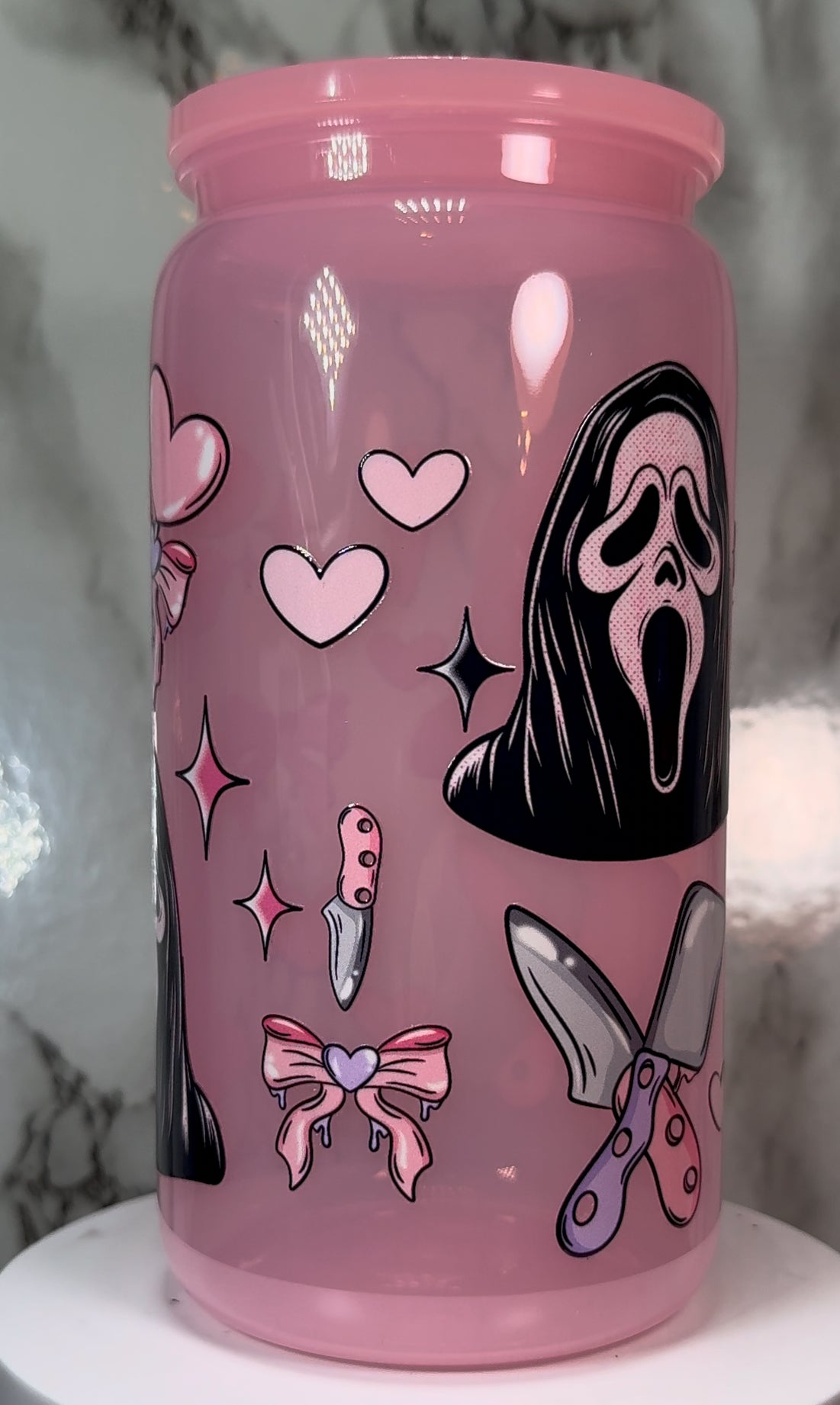 Valentine’s Day Ghostface UVDTF on a plastic pink beer can cup