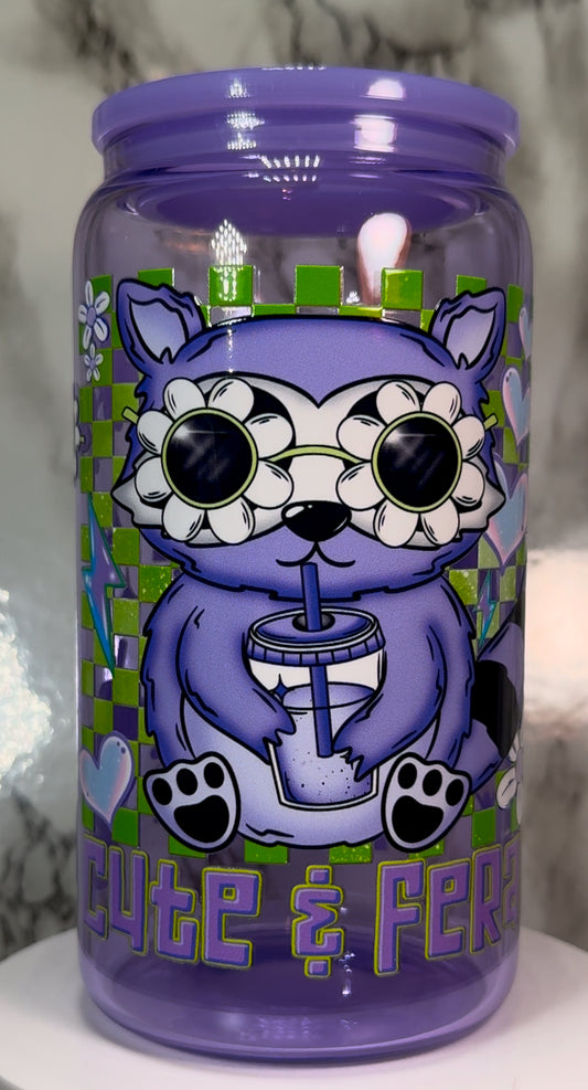 Cute & Feral Raccoon UVDTF on a purple beer can glass