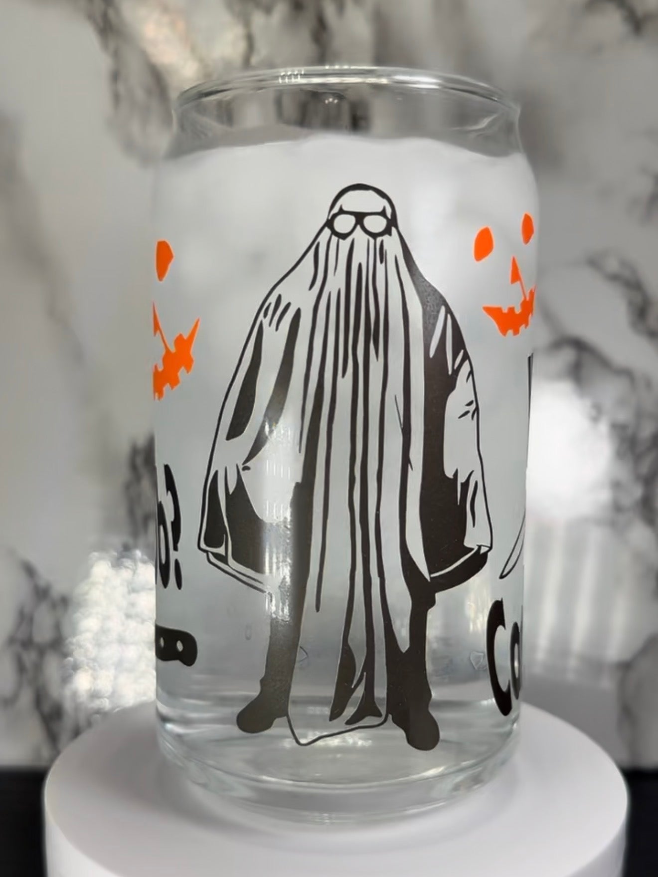 Ghost Bob Halloween Michael Myers color changing black and orange permanent vinyl on libbey beer can glass