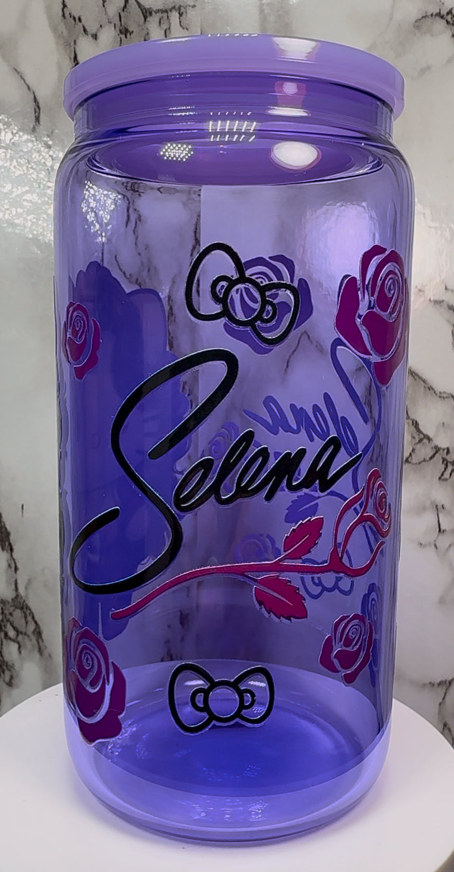 OOPSIE sale PLEASE read description!!! Hello Kitty Selena UVDTF on a purple beer can glass (Faults are in pictures)