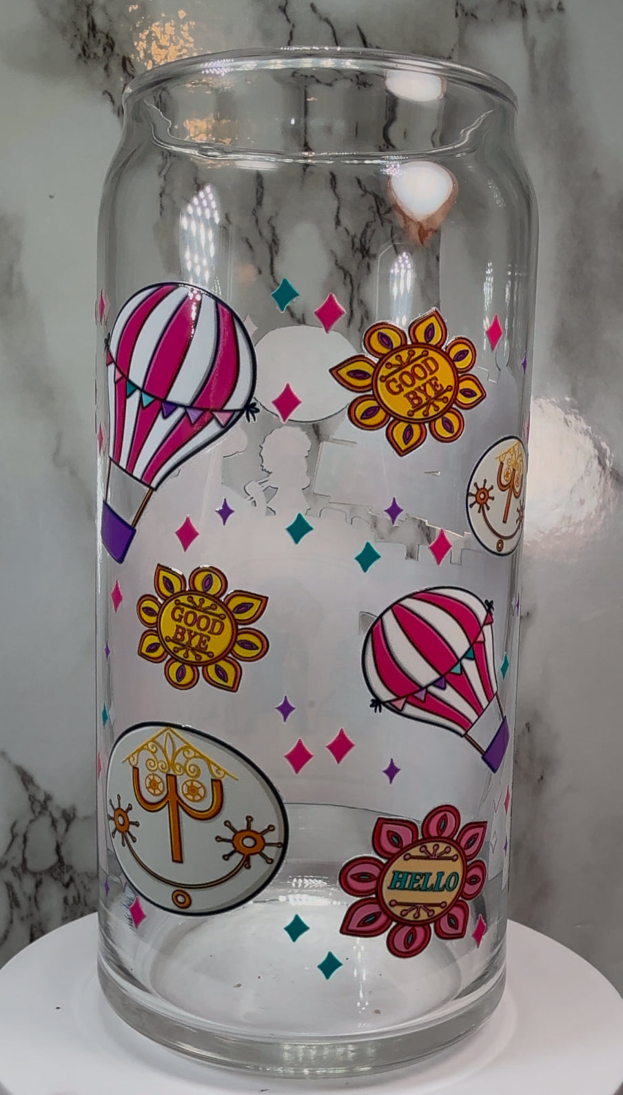 Disney Chucky & Tiffany Valentine UVDTF on a 20 ounce libbey beer can glass