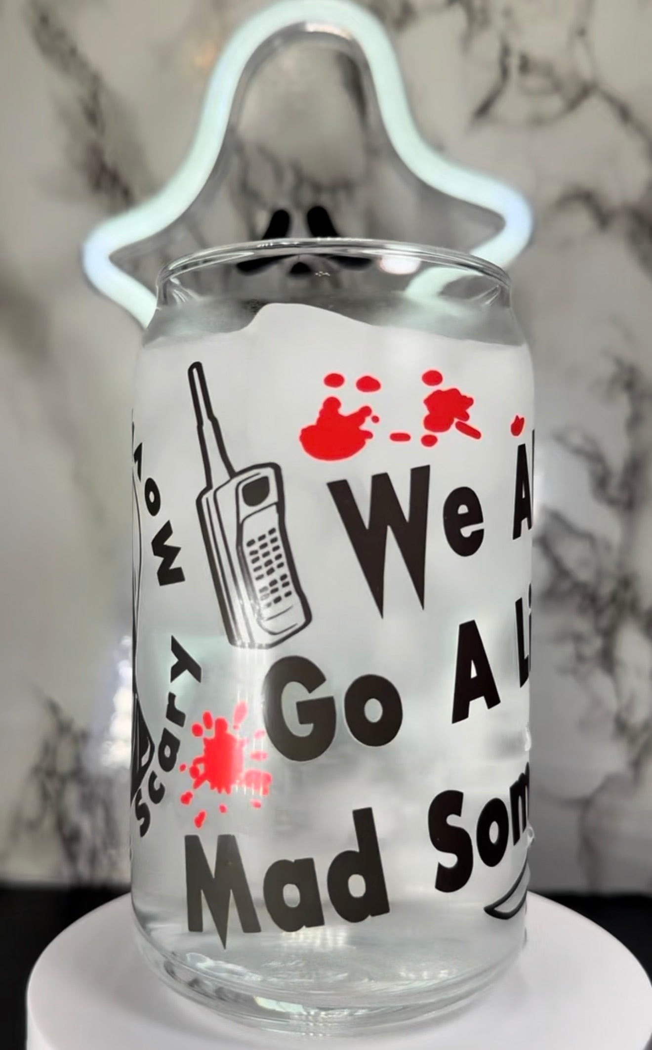 Ghostface color changing black and red permanent vinyl on libbey beer can glass