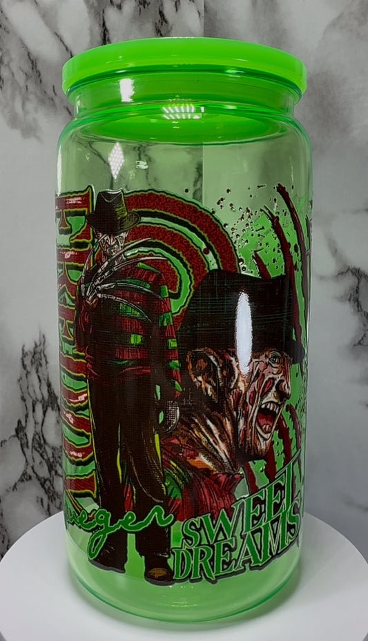 Nightmare on Elm Street Freddy Krueger UVDTF on a bright green PLASTIC beer can cup