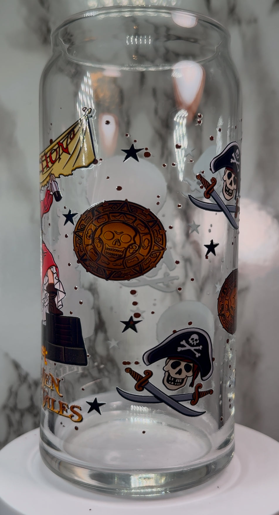 Disney Trick R Treat Sam UVDTF on a 20 ounce libbey beer can glass