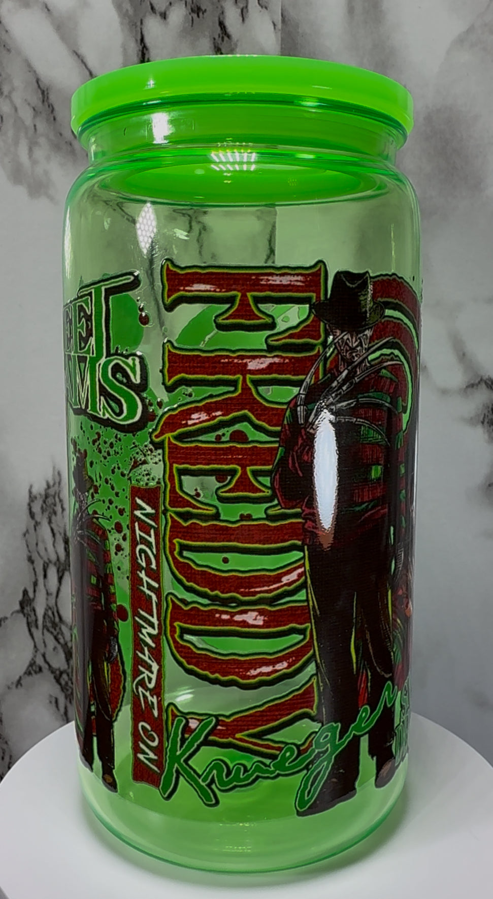 Nightmare on Elm Street Freddy Krueger UVDTF on a bright green PLASTIC beer can cup