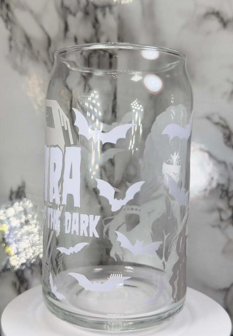 Elvira color changing black, purple and red color changing permanent vinyl on a libbey beer can glass