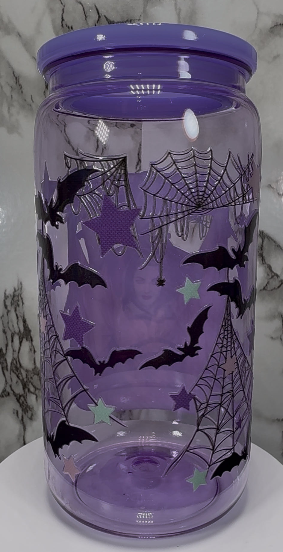 The Munsters Mom and Dad Goals UVDTF on a PLASTIC purple beer can cup