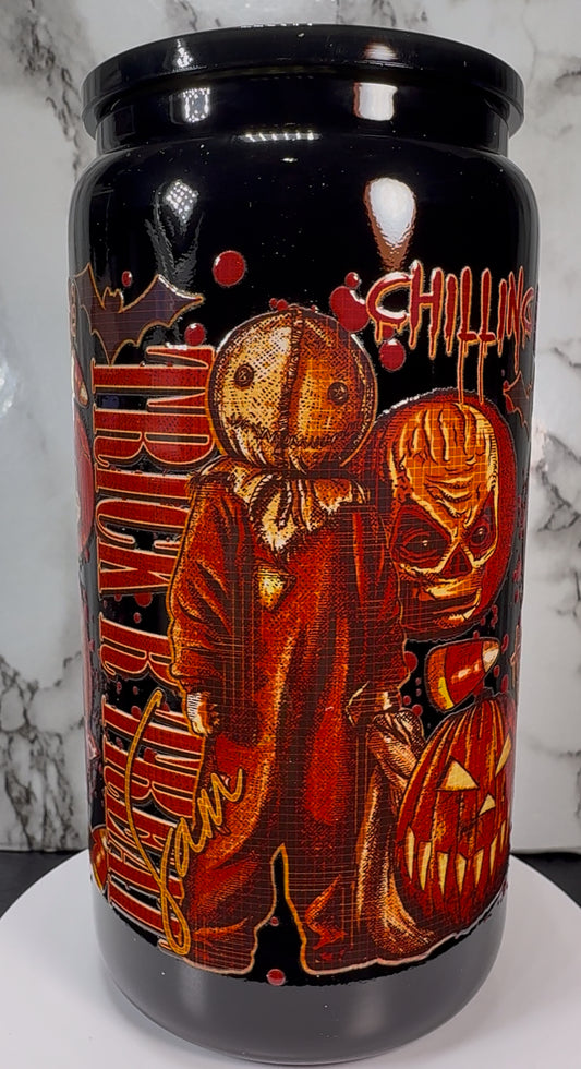 Trick R Treat Sam UVDTF on a black beer can glass