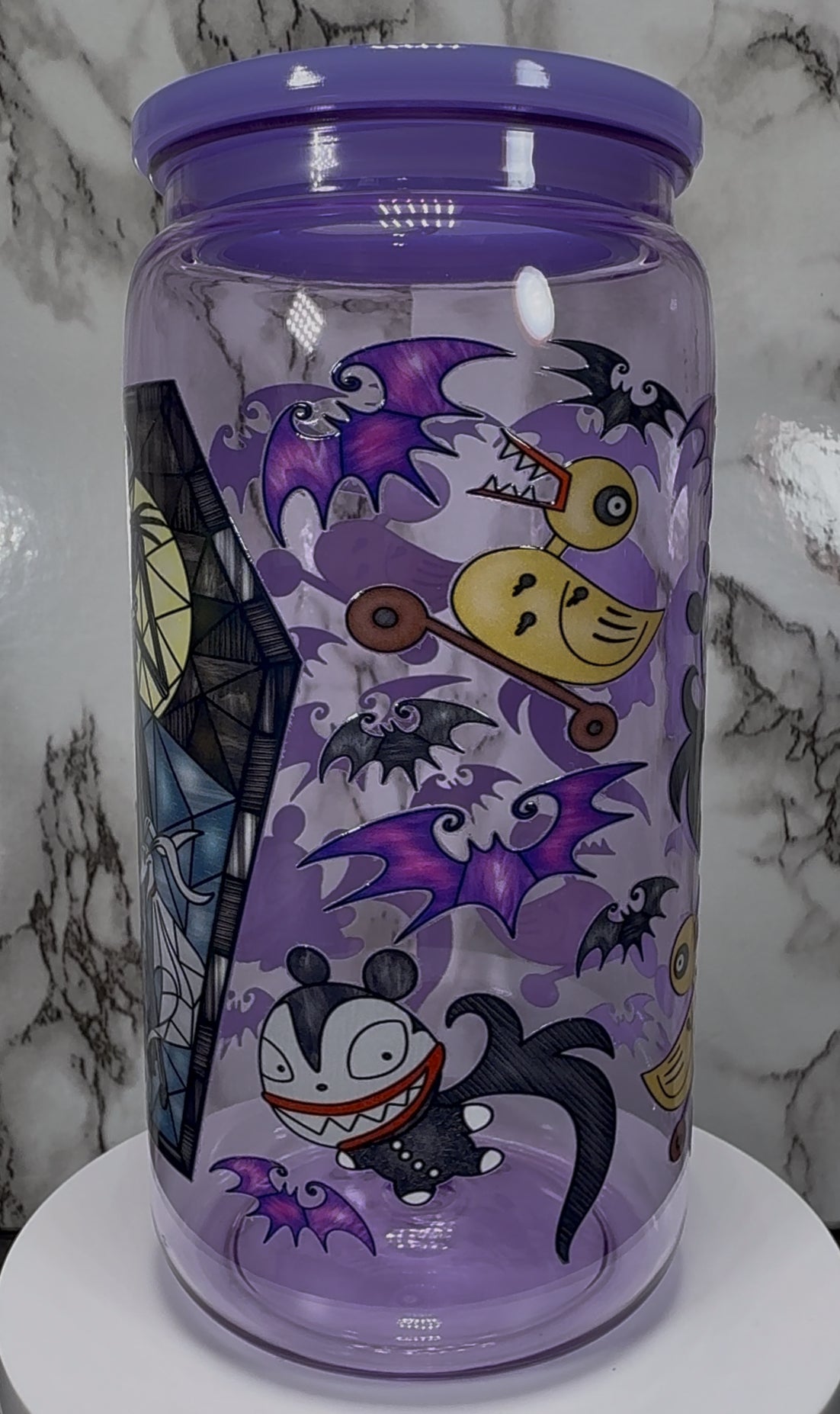 Jack Skellington Nightmare Before Christmas UVDTF on a purple PLASTIC beer can cup