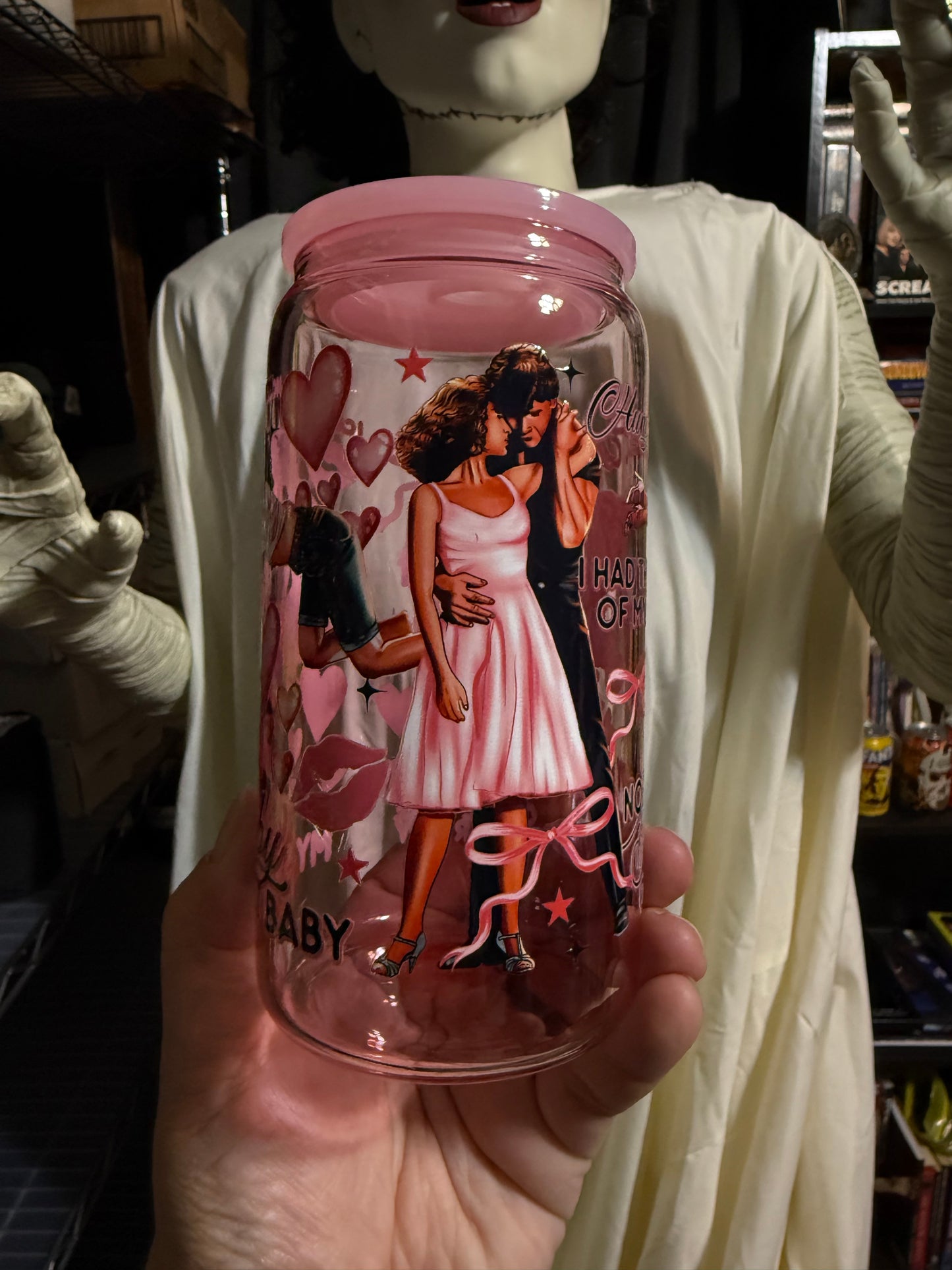 Dirty Dancing UVDTF on a light pink beer can glass