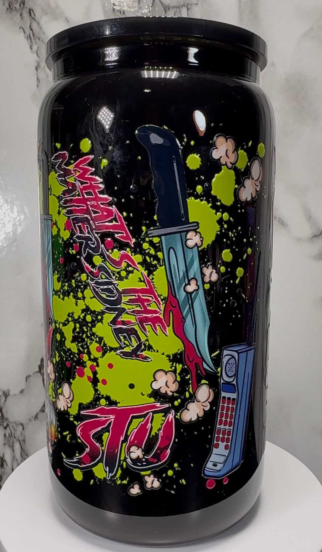1996 Scream Cast Green UVDTF on a black beer can glass