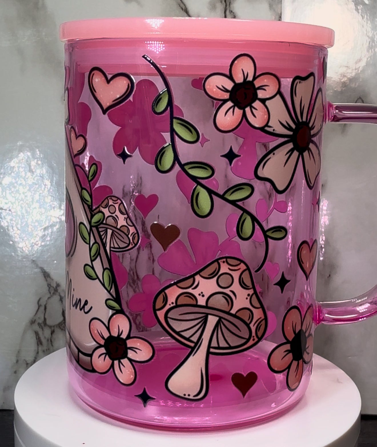 Ouija board Be Mine Valentine’s Day UVDTF on a pink coffee mug glass