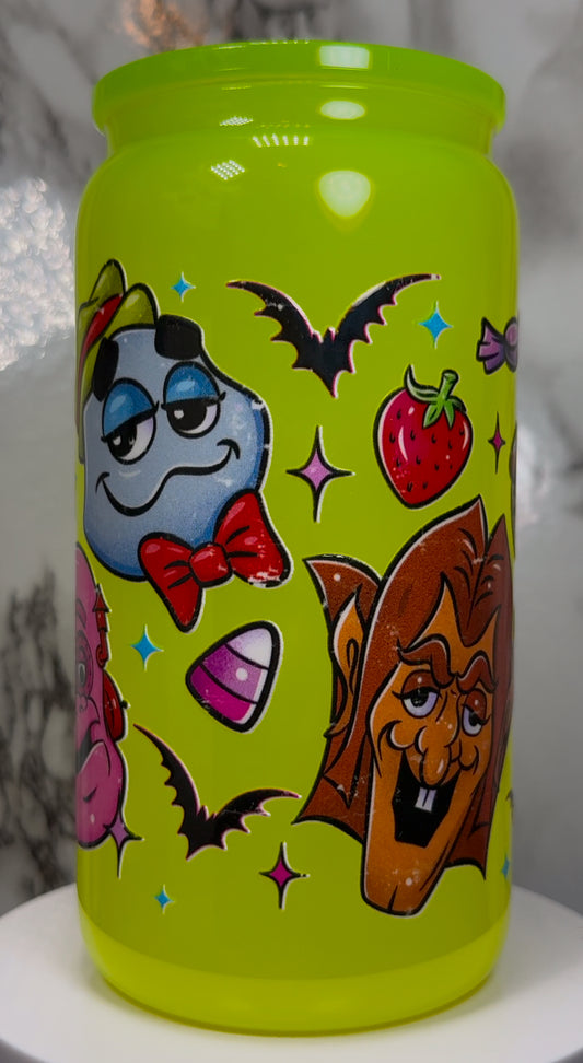 Monster Cereal UVDTF on a bright yellow beer can glass