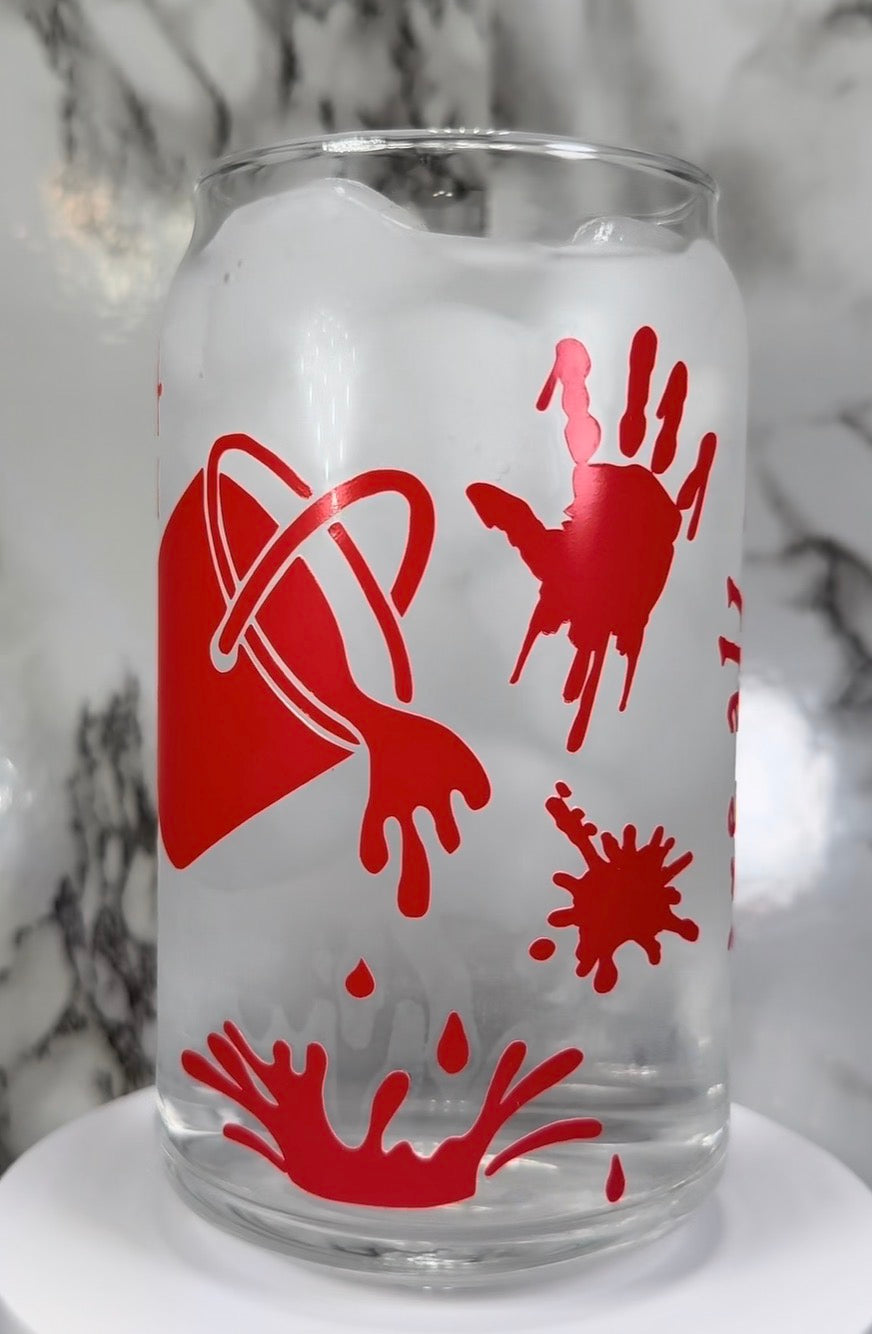 Carrie White color changing red permanent vinyl on a libbey beer can glass