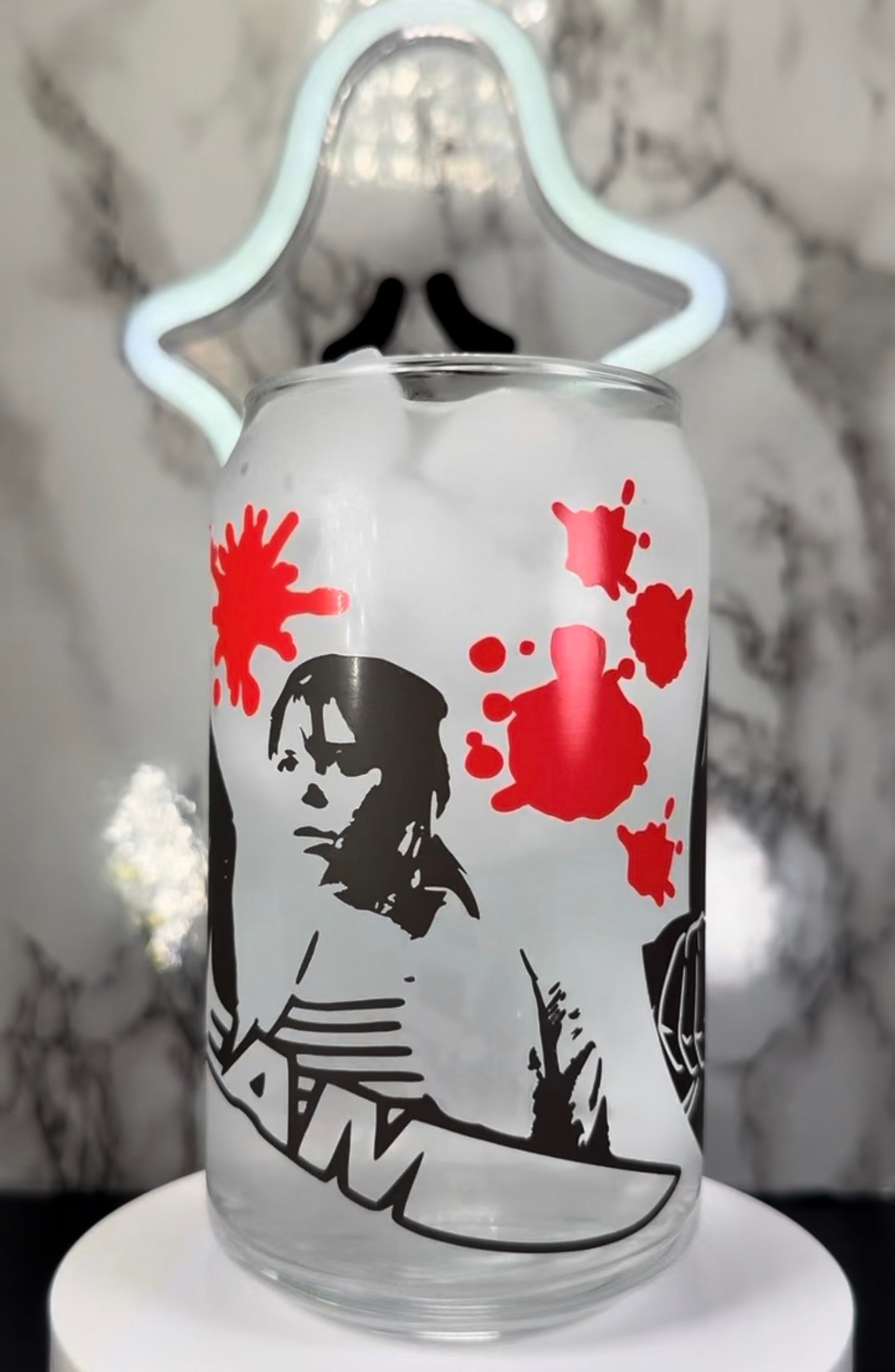 Scream Carpenter Sisters color changing black and red permanent vinyl on libbey beer can glass
