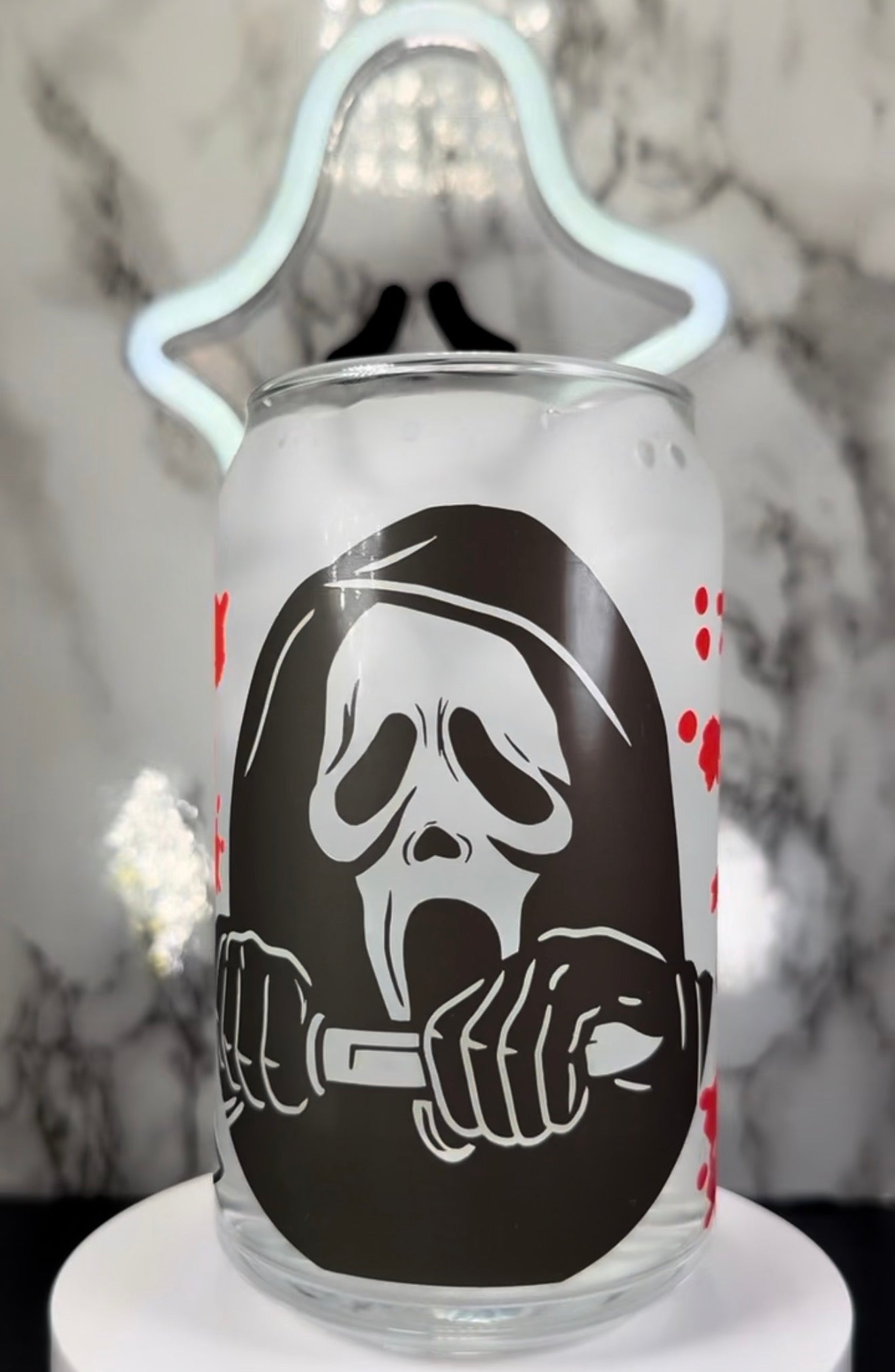 Scream Carpenter Sisters color changing black and red permanent vinyl on libbey beer can glass