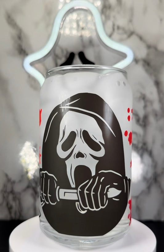 Scream Carpenter Sisters color changing black and red permanent vinyl on libbey beer can glass