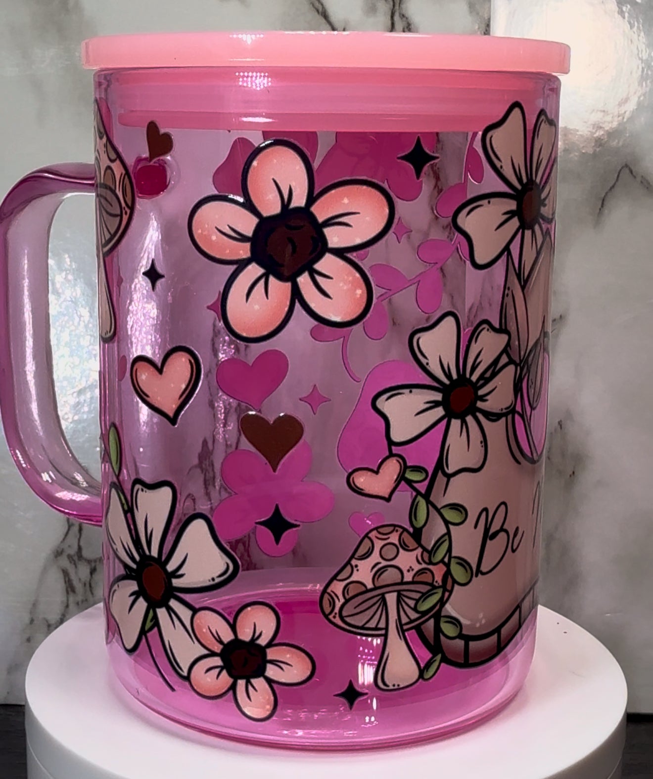 Ouija board Be Mine Valentine’s Day UVDTF on a pink coffee mug glass
