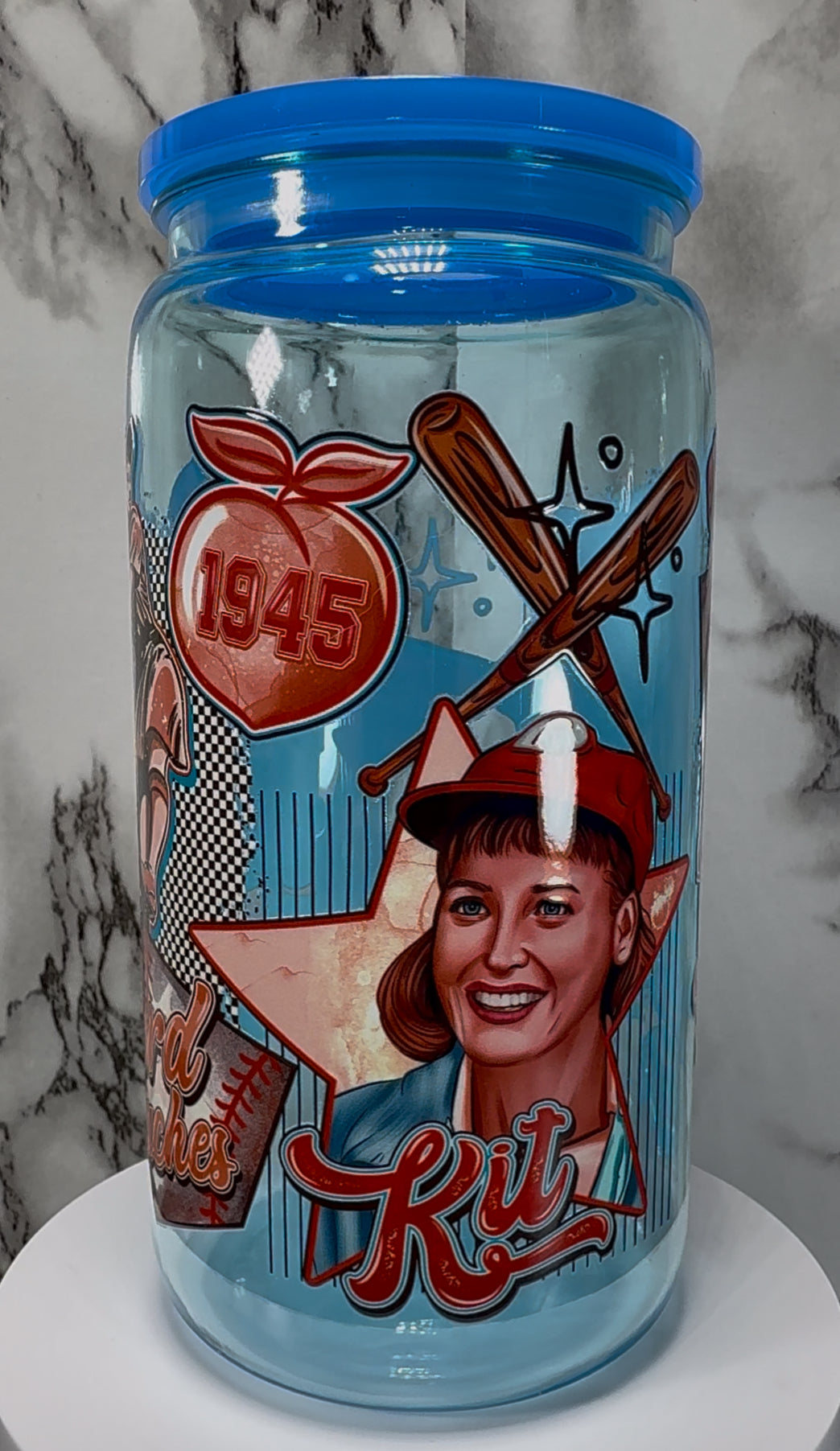 A League of Their Own UVDTF on a blue PLASTIC beer can cup