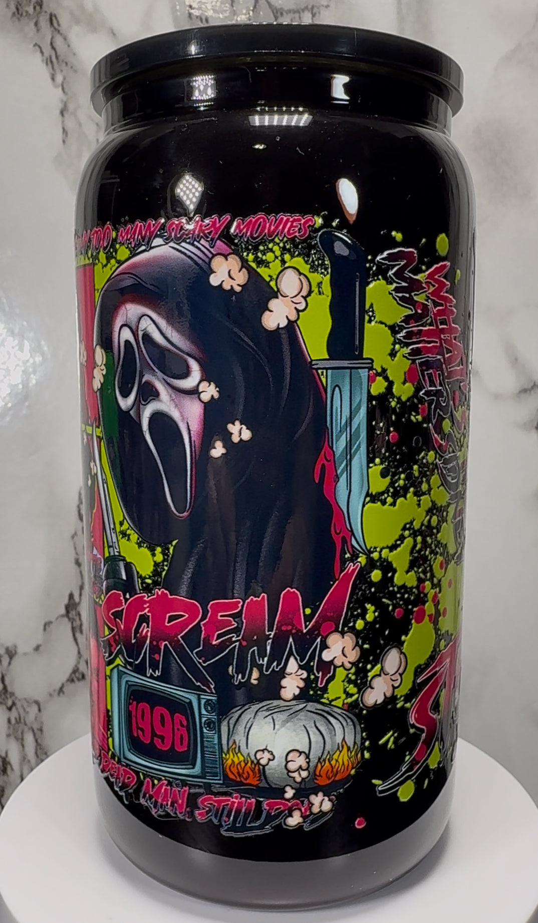 1996 Scream Cast Green UVDTF on a black beer can glass