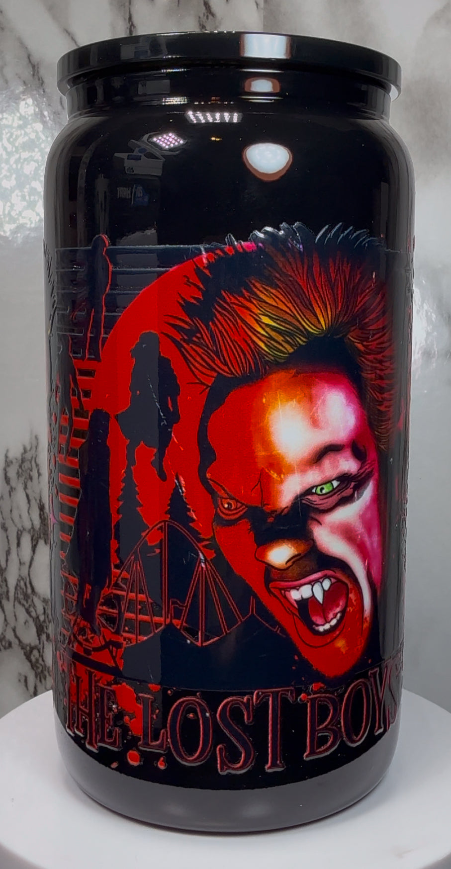 Lost Boys UVDTF on a black beer can glass