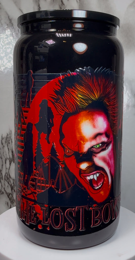 Lost Boys UVDTF on a black beer can glass