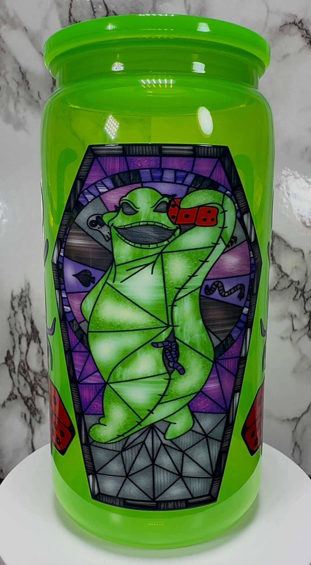 Oogie Boogie UVDTF on a bright green PLASTIC beer can cup