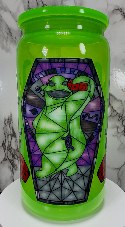 Oogie Boogie UVDTF on a bright green PLASTIC beer can cup