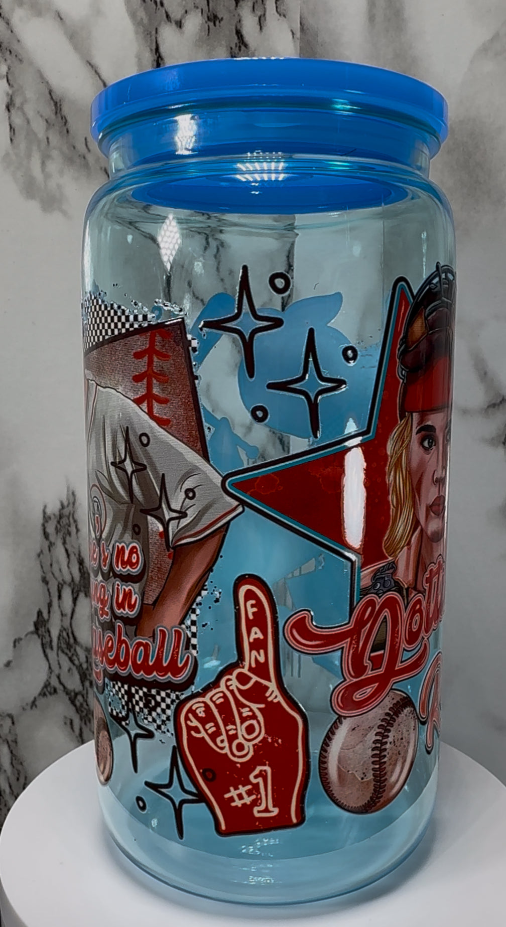 A League of Their Own UVDTF on a blue PLASTIC beer can cup