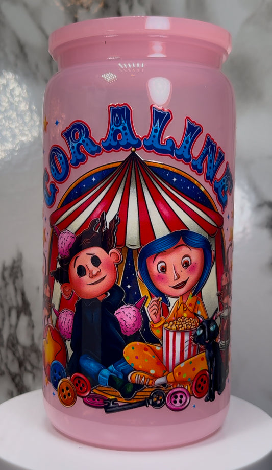 Coraline Circus UVDTF on a PLASTIC pink beer can cup