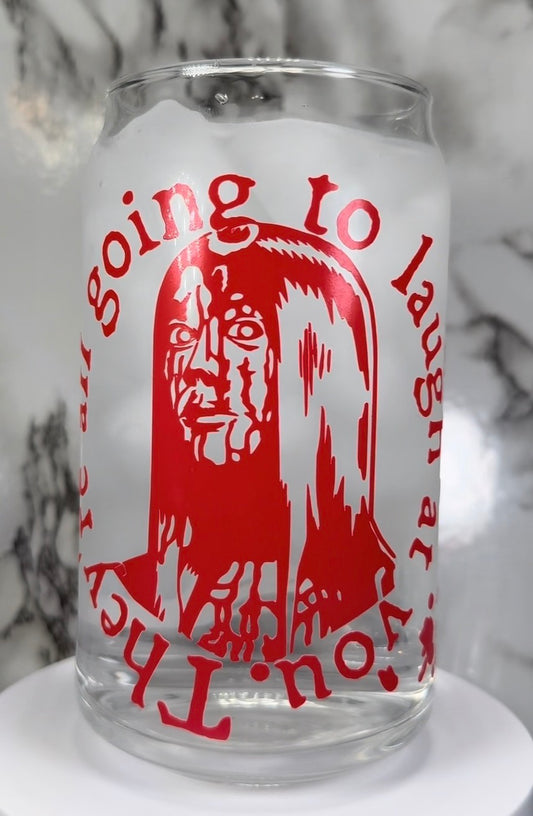 Carrie White color changing red permanent vinyl on a libbey beer can glass