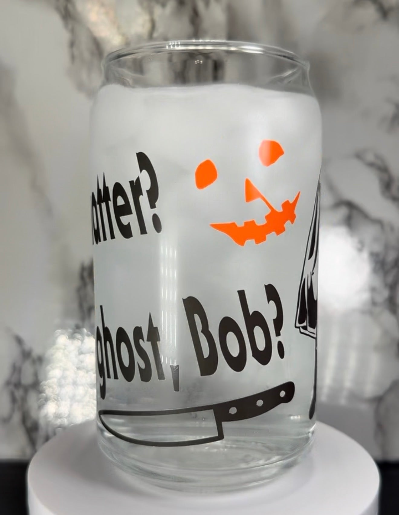 Ghost Bob Halloween Michael Myers color changing black and orange permanent vinyl on libbey beer can glass