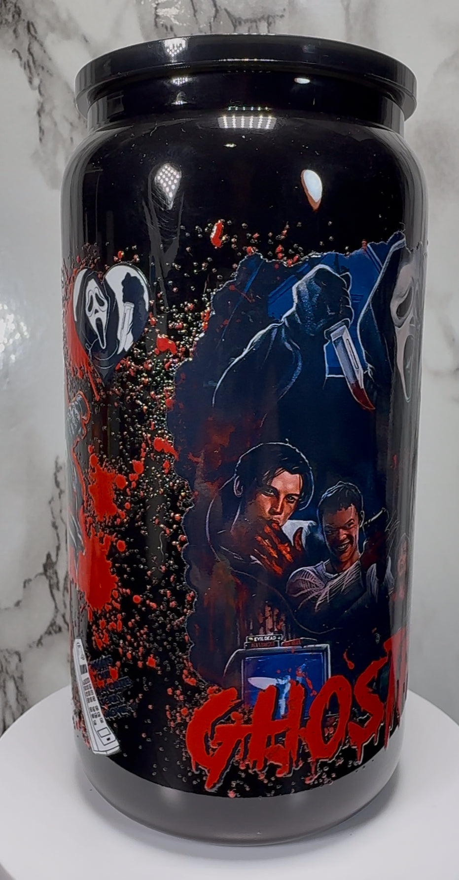 Scream Cast blue on black beer can glass