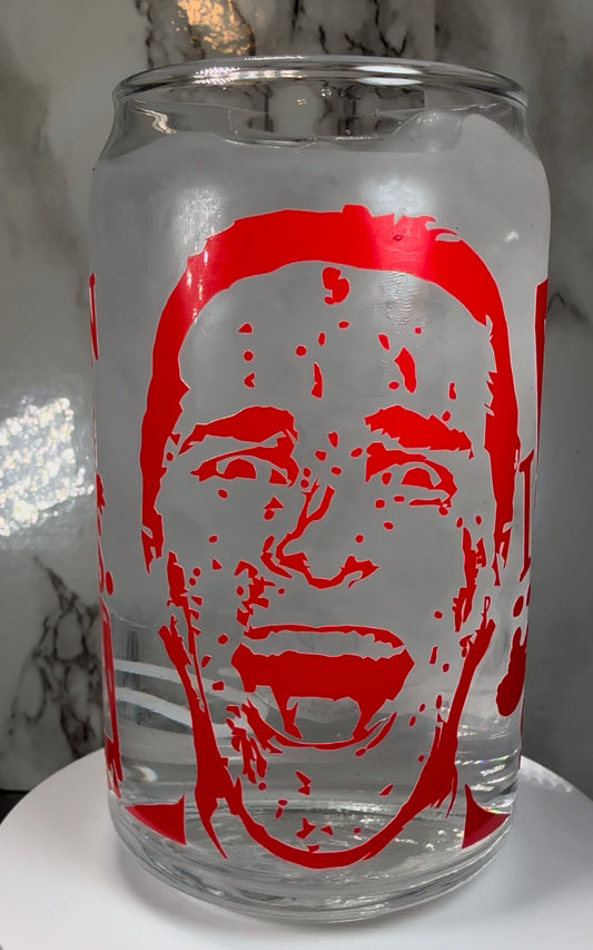 American Psycho color changing red permanent vinyl on libbey beer can glass