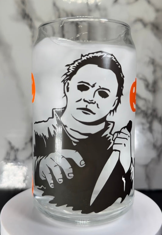 Michael Myers color changing black and orange permanent vinyl on libbey beer can glass