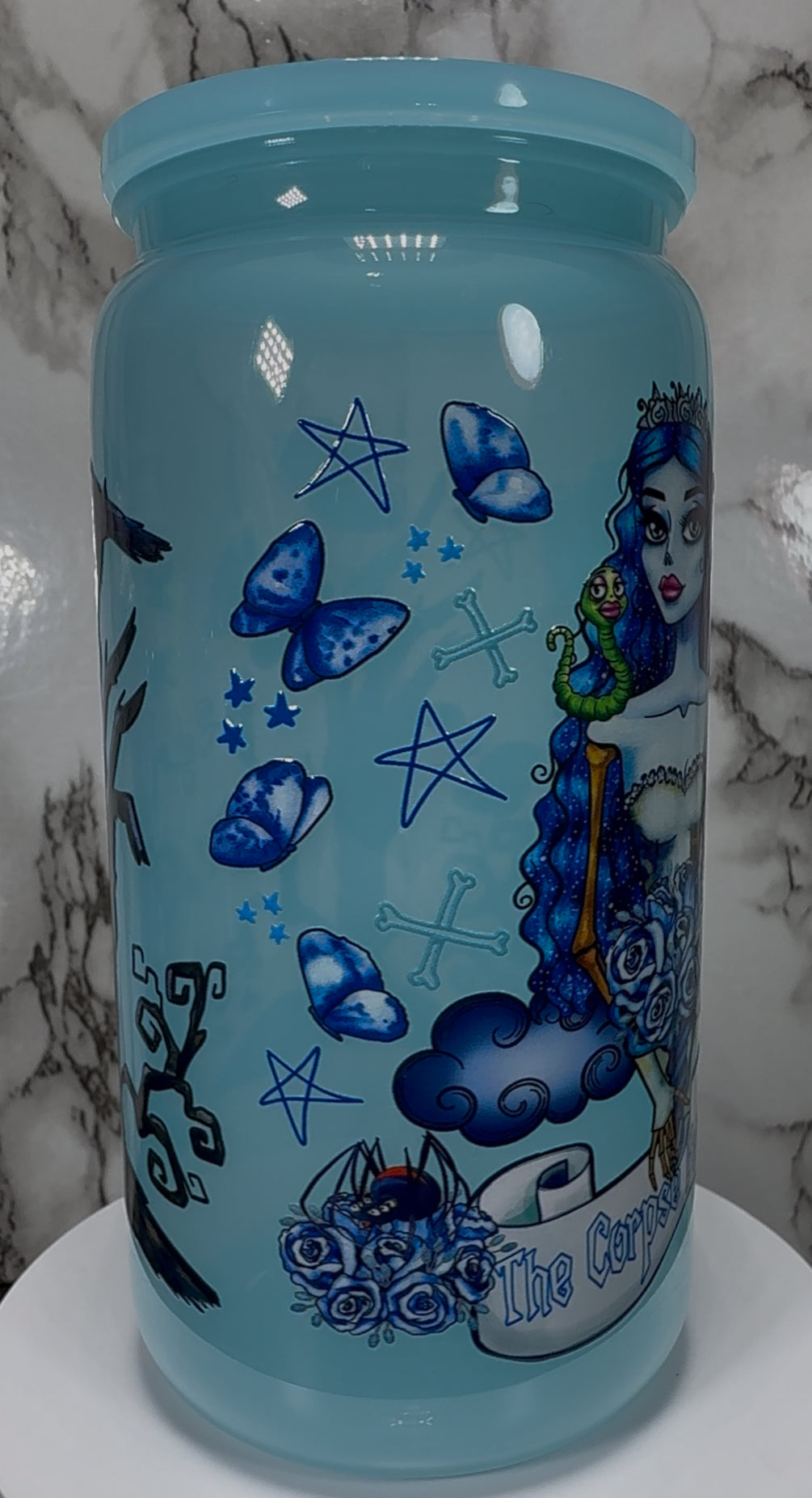 Corpse Bride UVDTF on a PLASTIC beer can cup