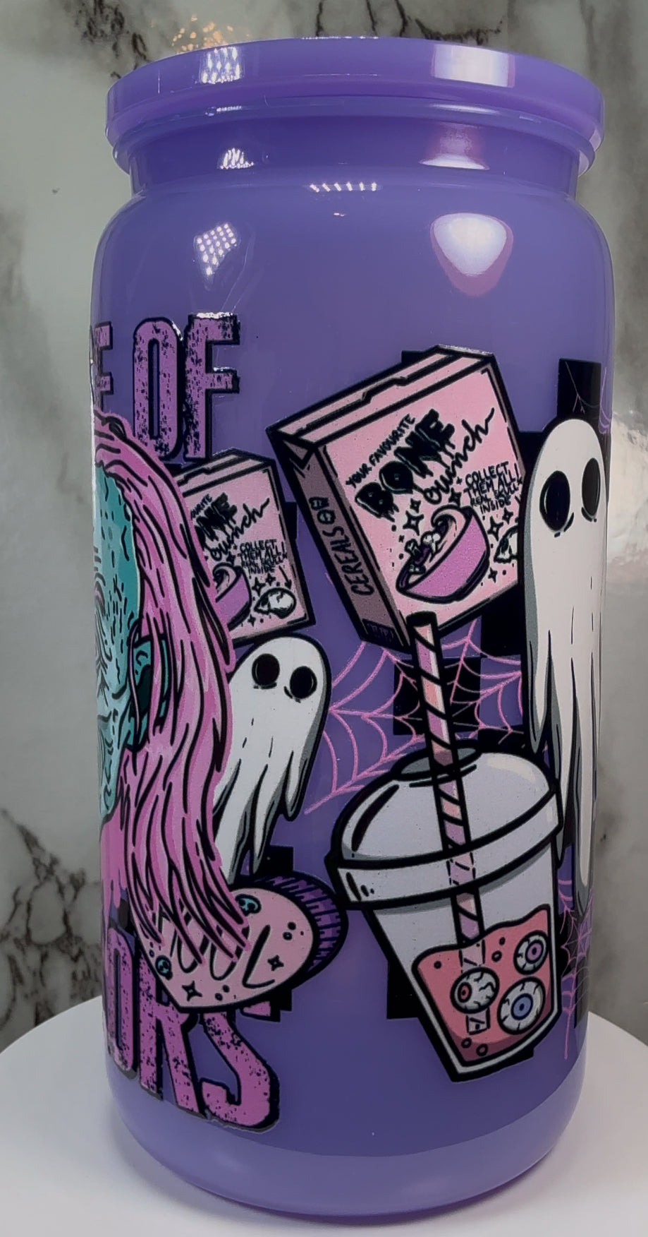 Crypt Keeper House of Horrors UVDTF on a PLASTIC purple beer can cup