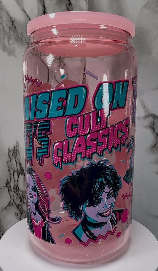 Cult Classics UVDTF on a light pink beer can glass