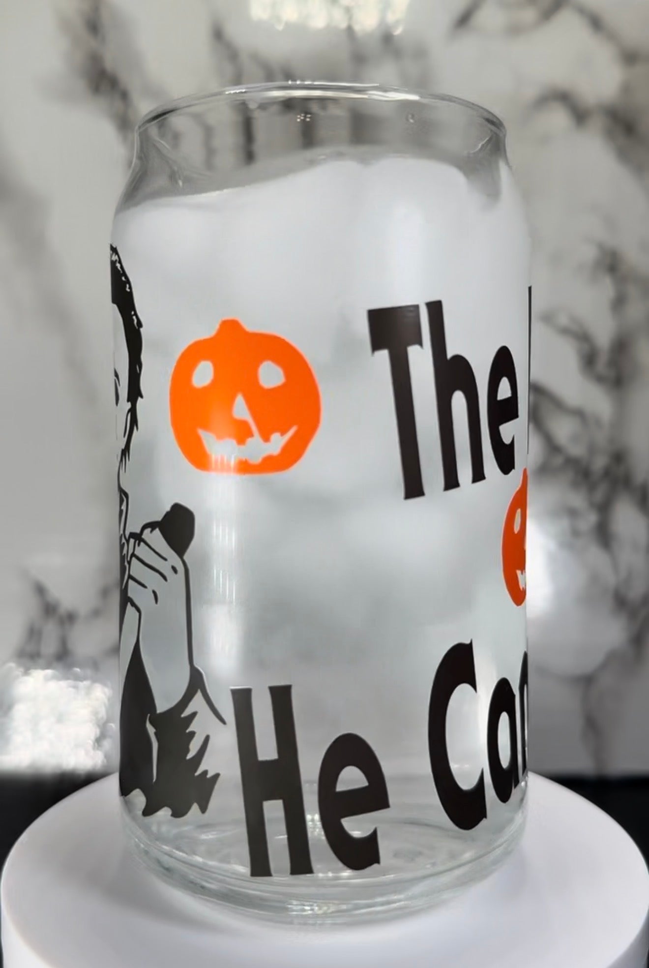Michael Myers color changing black and orange permanent vinyl on libbey beer can glass